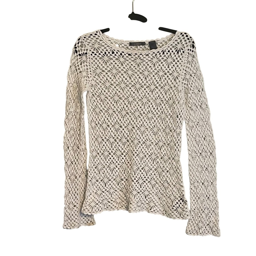 Liz Claiborne White Floral Crochet Knit‎ Long Sleeve Top Medium Beachy Boho